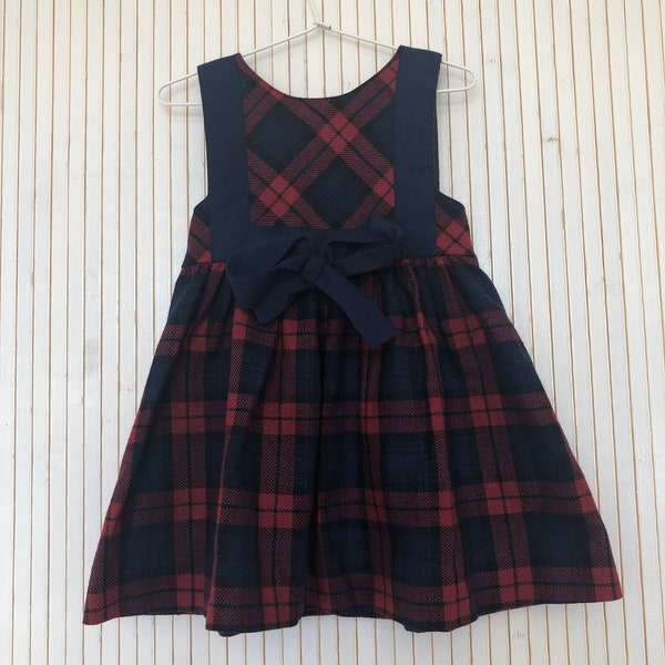 Robe d'hiver en laine Vintage fille écossaise 2ans Robe sans manche Robe à carreaux rouge et bleu Made in France robe Tartan