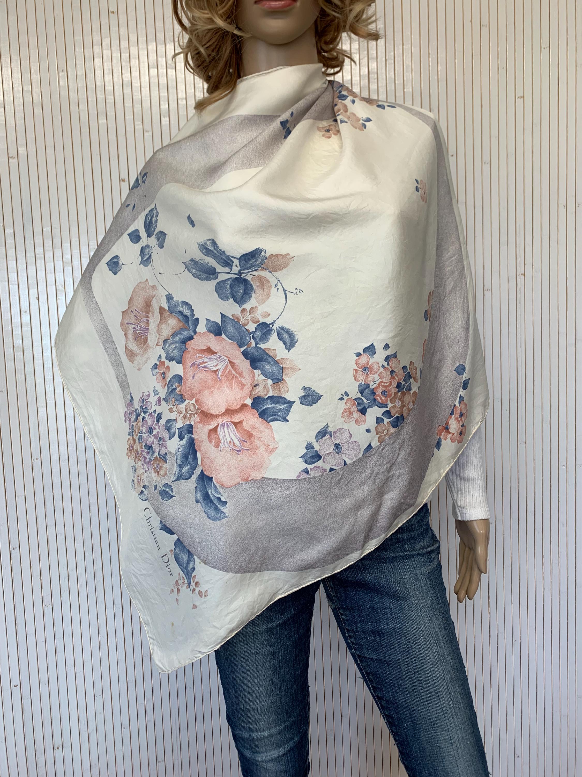 Vintage Christian Dior Pastel Silk Square Scarf With Hand-rolled