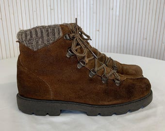 Women's Vintage Comfort Brown Suede Walking Shoes Lined with Warm Fur Size 38 Made in France Hiking Boots