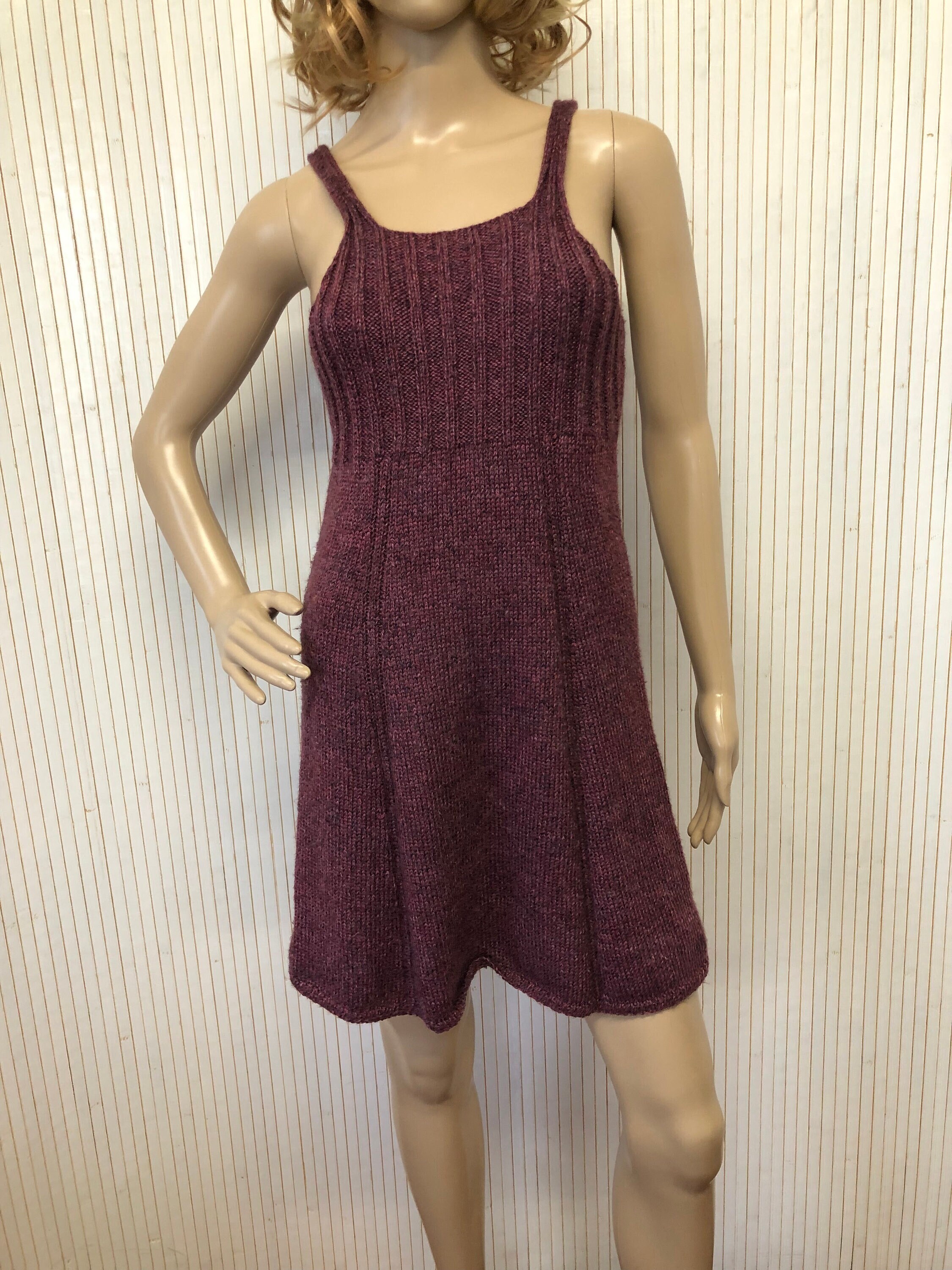 Purple Wool Dress Knitted Vintage Women 80s Sleeveless Dress Winter Dress with Straps