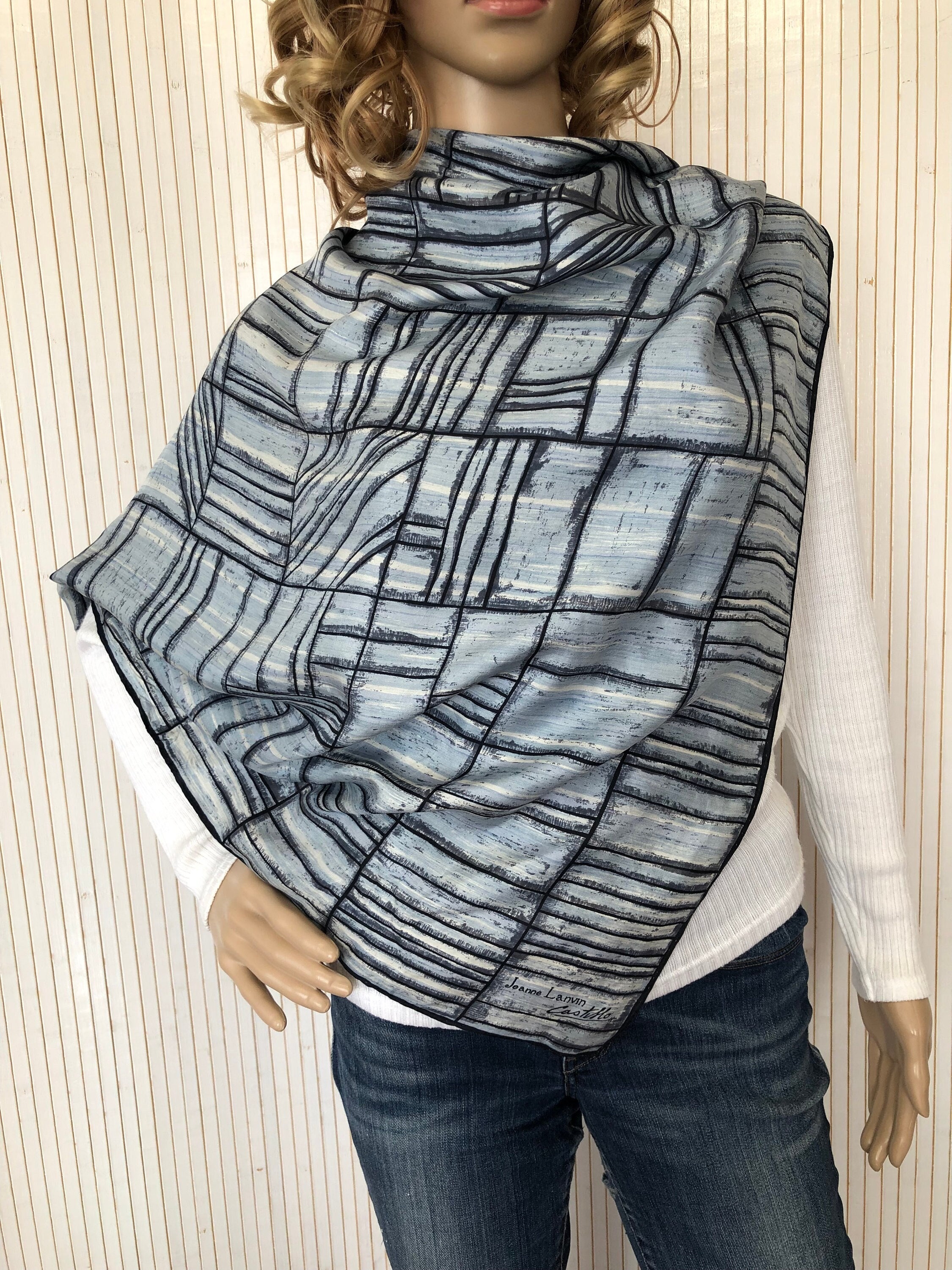 Vintage Jeanne Lanvin Castillo Square Silk Scarf Blue, Gray and