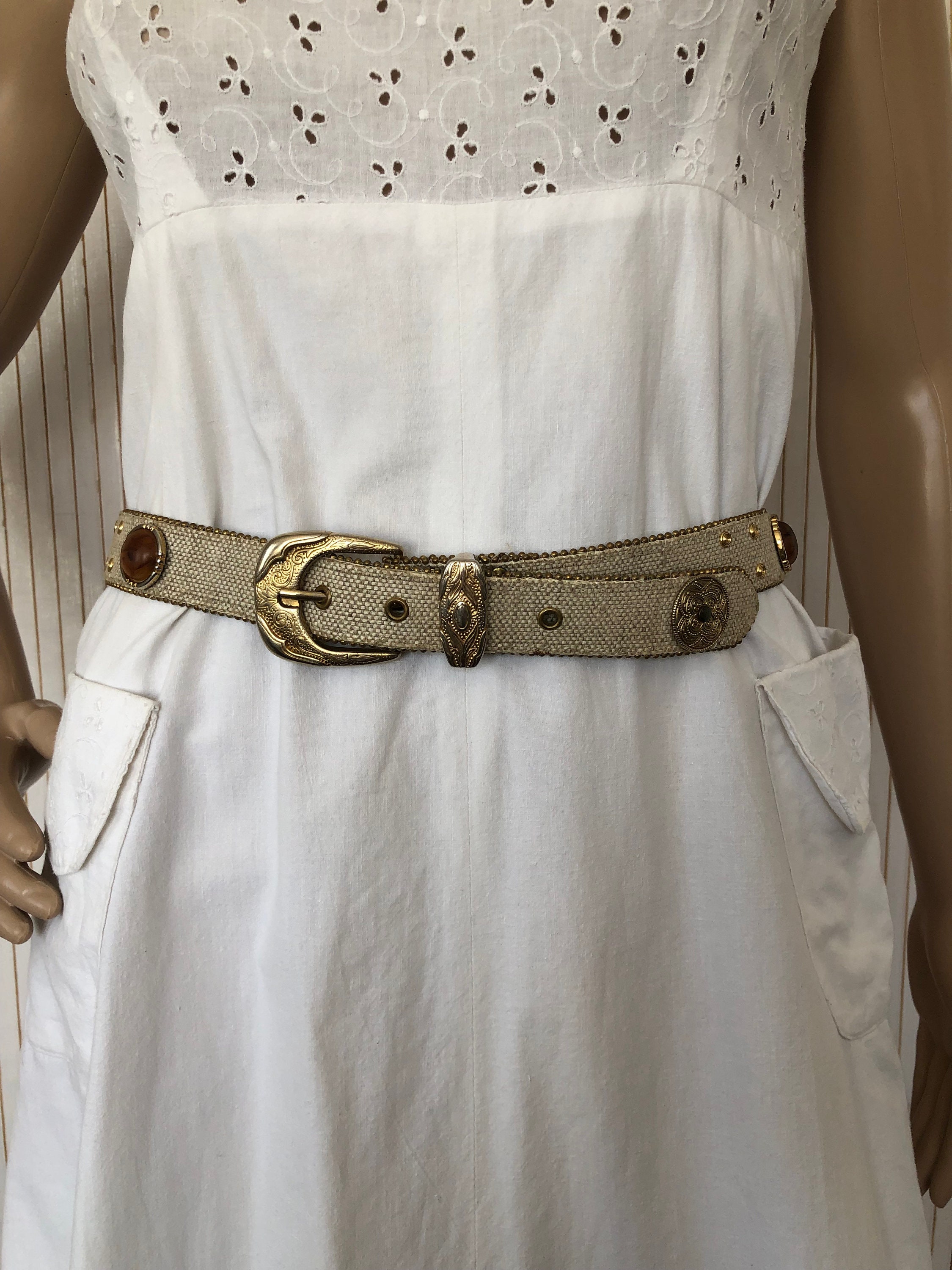 Vintage Elite Fresno California Tan Woven Waist Belt with Brass Beaded Trim Elite Fresno Belt - Etsy main image 2