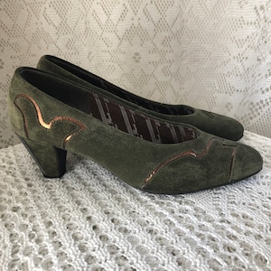 Vintage Women&#39;s Pumps Anne Flavie Pumps Green Suede Shoes Made in France Size 39 Feminine Pumps