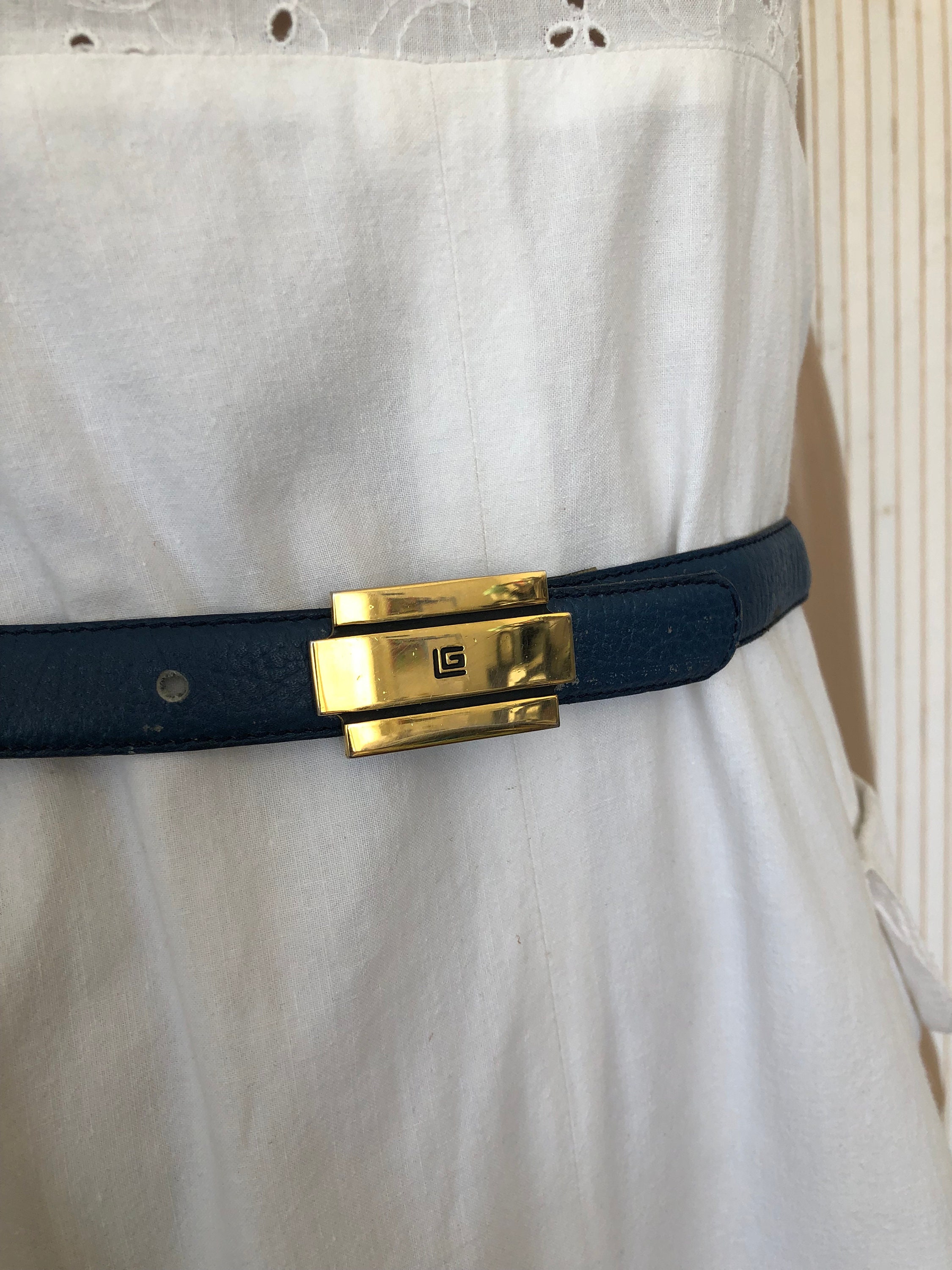 Vintage Guy Laroche Belt Blue Leather Suede Lining Gold 