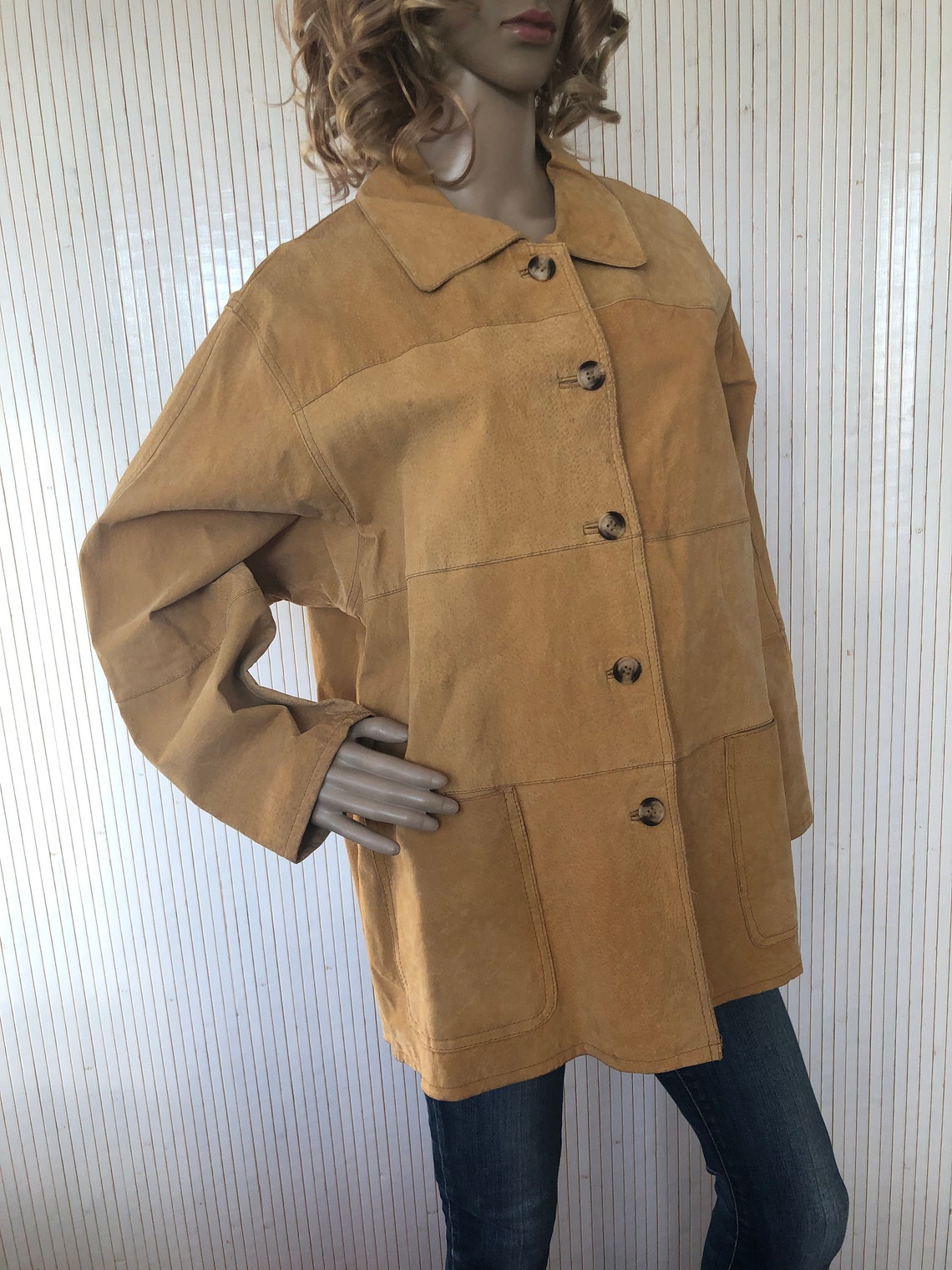 Veste en cuir Camel Femme Vintage Jaune Marron clair T46/48 Cuir Minimaliste, foto 3 di 5