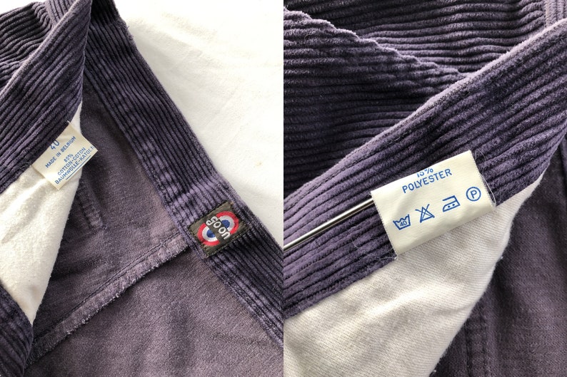 May include: A pair of purple corduroy pants with a white label that says "100% Polyester" and a blue label that says "Goon" with a circle and a red stripe. The pants are made in Belgium and are size 40.