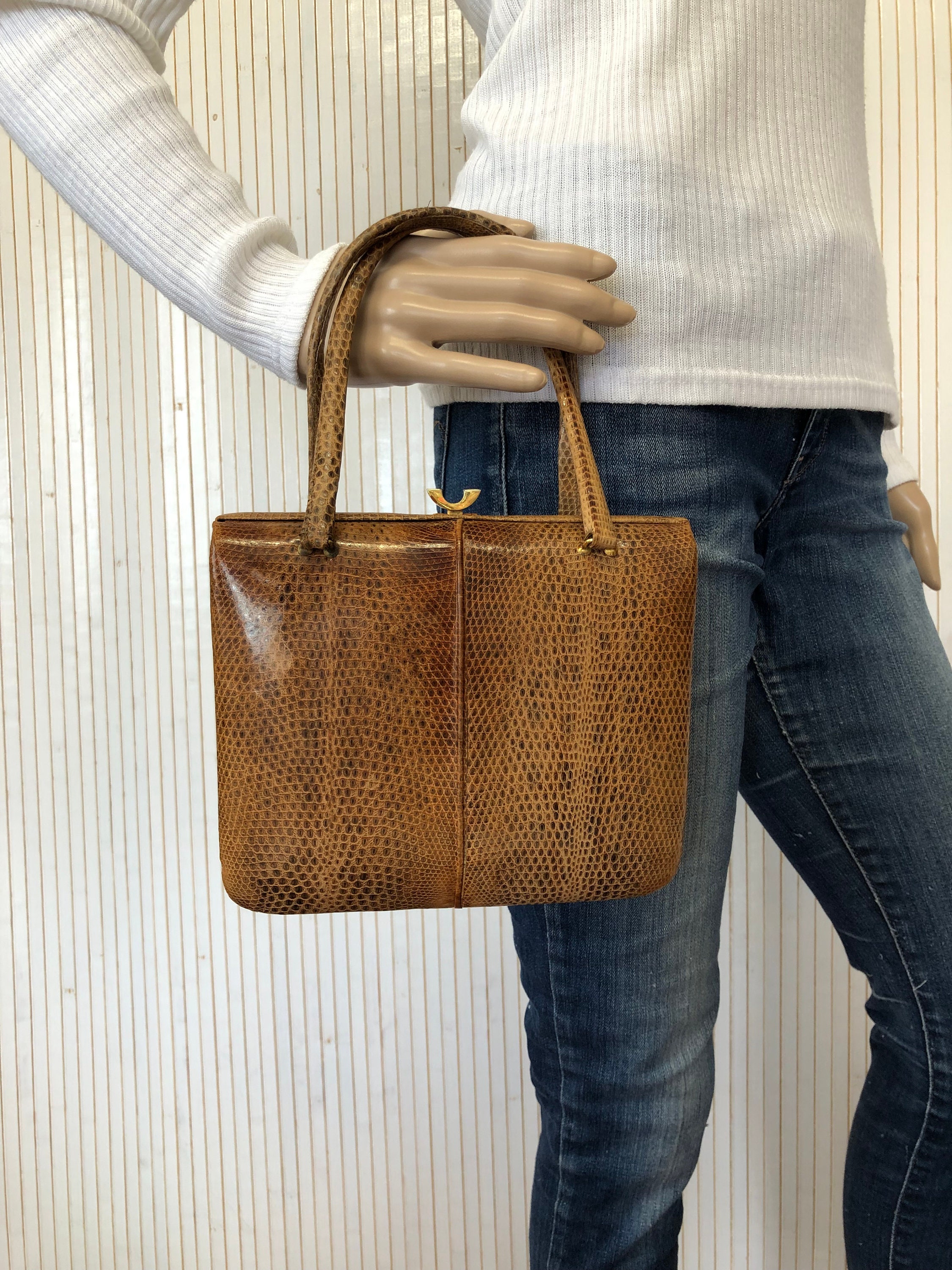 Small Vintage Bag 60s Areitio Leather Bag Snake Antique Brown 