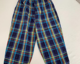 Vintage Madras trousers for baby, size 2 years. Multicolored cotton. Elasticated waist. Blue plaid.