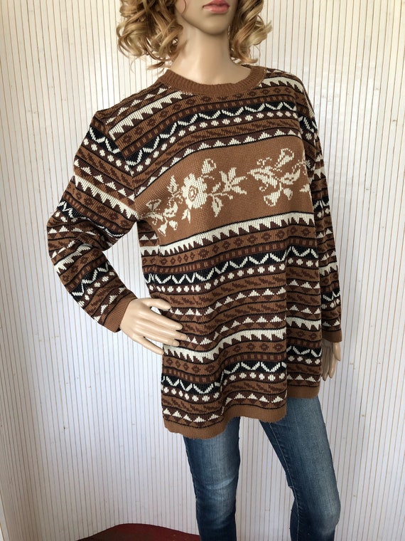 Pull Long Jacquard Vintage Femme Pull marron a Motifs et Floral taille 38 40 Col Rond Gros pull en laine Etsy France