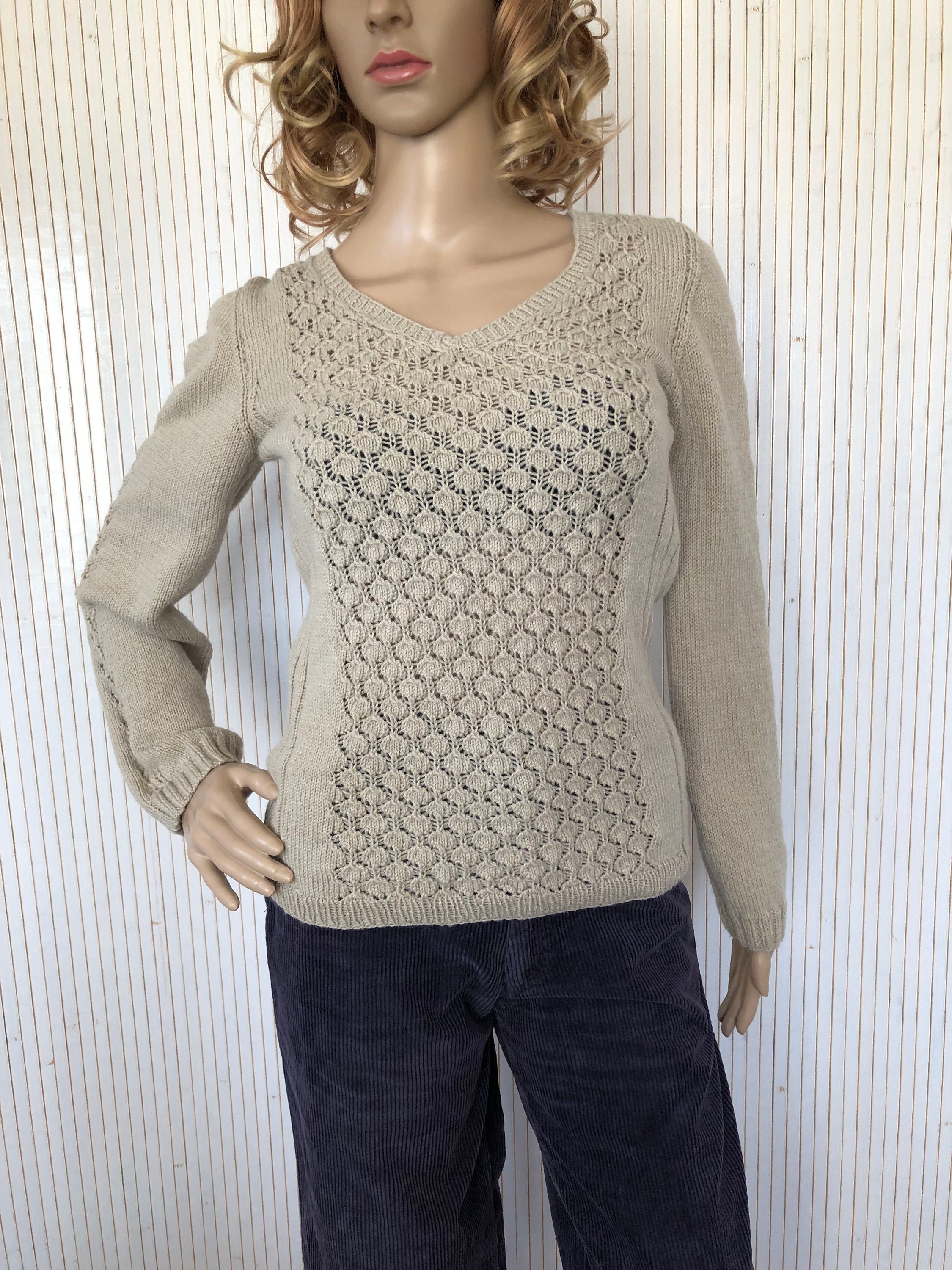 Pull Torsades Tricoté Main Gris Bien Chaud - Taille T L, Laine D'agneau, Neuf Sans étiquettes