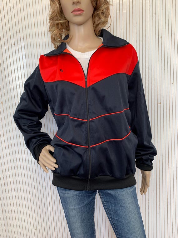 Veste de Survêtement Unisexe Noire et Rouge Vintage Sportswear détente années 80 Taille M