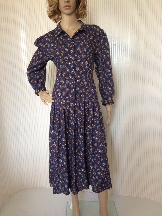 Robe Vintage Bleue Feuilles et Manches longues Etsy Portugal