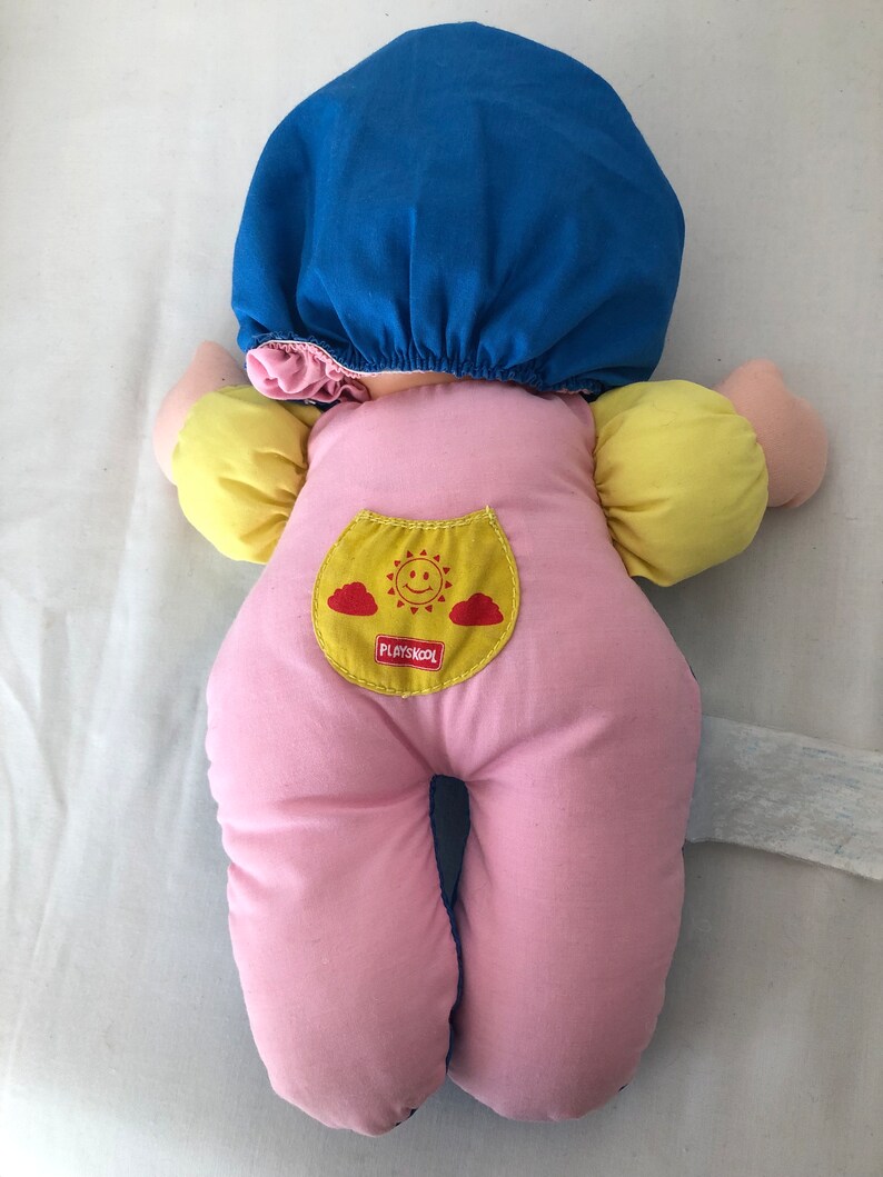 Poupée réversible Vintage Poupée chiffon Jour & Nuit Rose et Bleu 2 en 1 Peluche Doudou Ancien Playskool Jouet pour bébé Souvenir d'enfance zdjęcie 10