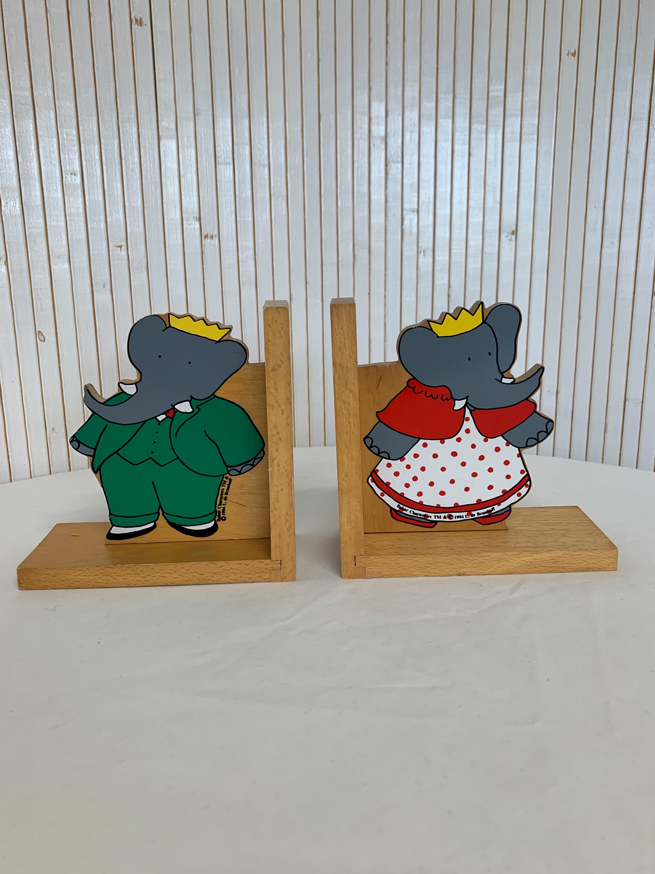 Set of Vintage Wooden Bookends Babar the Elephant Childhood