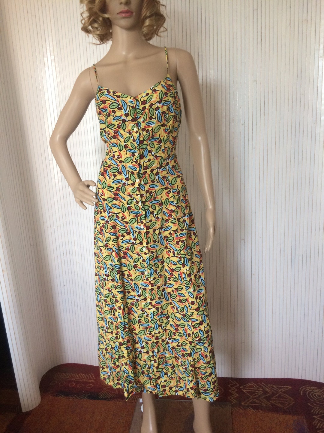 Robe Vintage Femme Robe d'été à Bretelles Robe Longue Robe jaune motifs