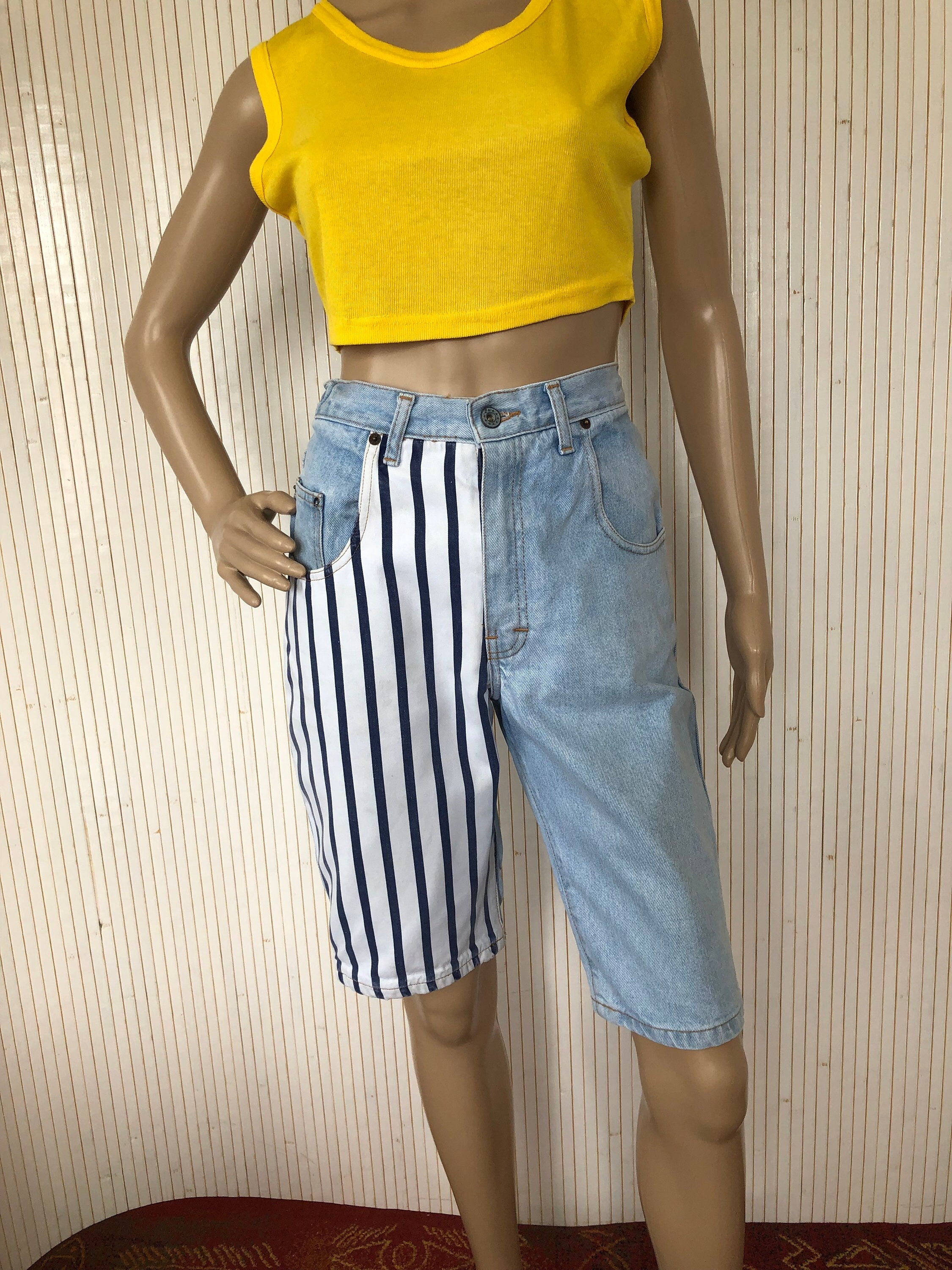 Vintage Denim Bermuda Shorts Asymmetrical Sky Blue and Striped Ludo Stefano Mascotte