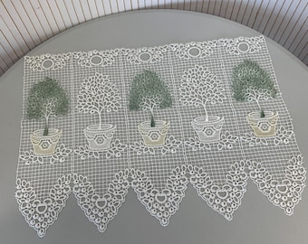 1 Pair of White and Green French Lace Curtains, Window Panels x2, W 53cm x H 39cm, Cafe Curtain for Living Room or Bedroom