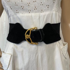 Wide Elastic Black and Suede Belt Gold Buckle Vintage Women's Belt One Size Elegant Women's Belt Soft Belt