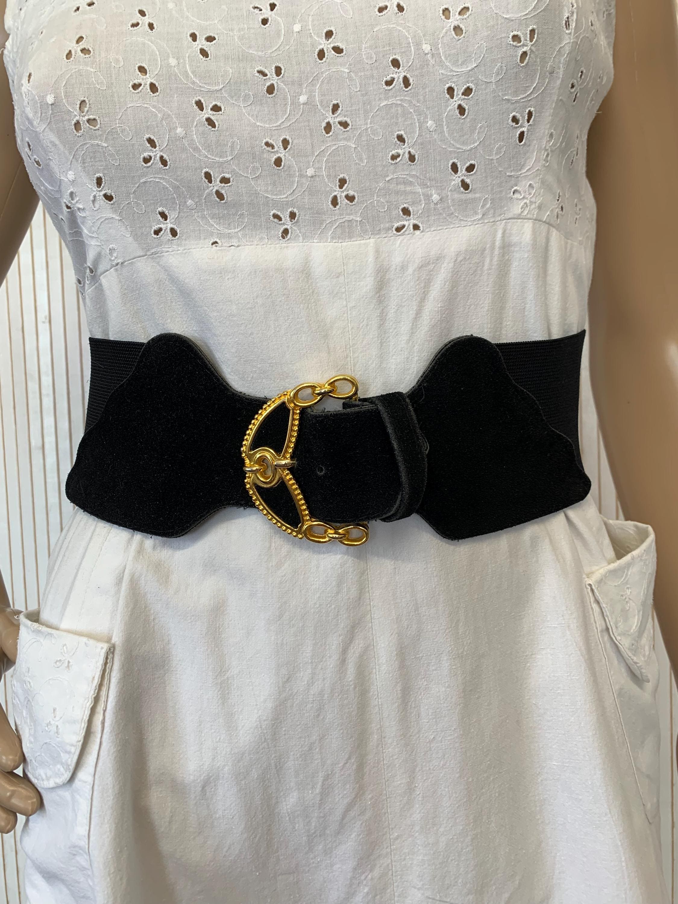 Black Suede Belt With Gold-Tone Buckle - Wide Waist Belt For Women SOLD 80s/90s vintage ultra chunky black & gold suede belt  main image 4