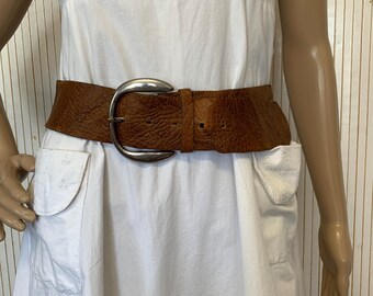 Vintage Wide Brown Leather Belt Gruber Women&#39;s Belt Large Silver Buckle Made in Germany Embossed Pattern Belt