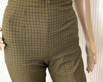 Women's Vintage Tapered Pants Carrot Cut Checked Size 34 High Waist Brown and Green Made in France