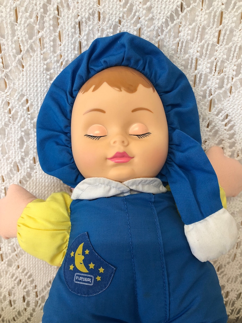 Poupée réversible Vintage Poupée chiffon Jour & Nuit Rose et Bleu 2 en 1 Peluche Doudou Ancien Playskool Jouet pour bébé Souvenir d'enfance zdjęcie 4