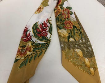 Foulard Carré En Soie Vintage L'Orangerie - Motif Oiseaux - 90x90 Cm - Occasion Très Bon état