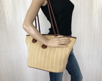 Vintage Women's Bag in Beige and Brown Cotton Minimalist Natural Beach Bag Braided Handle Cosmopolis Design