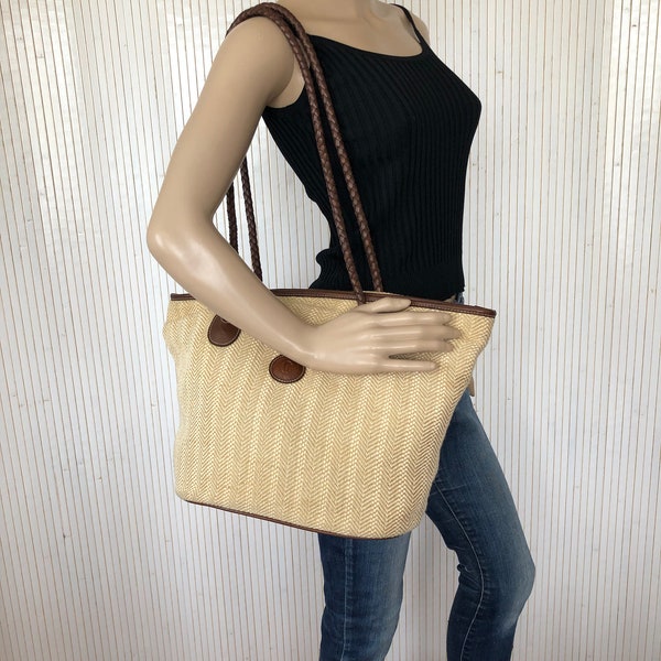 Sac Vintage Femme Sac en Coton beige et marron Sac de plage Naturel Minimaliste Anse tressée Cosmopolis Design