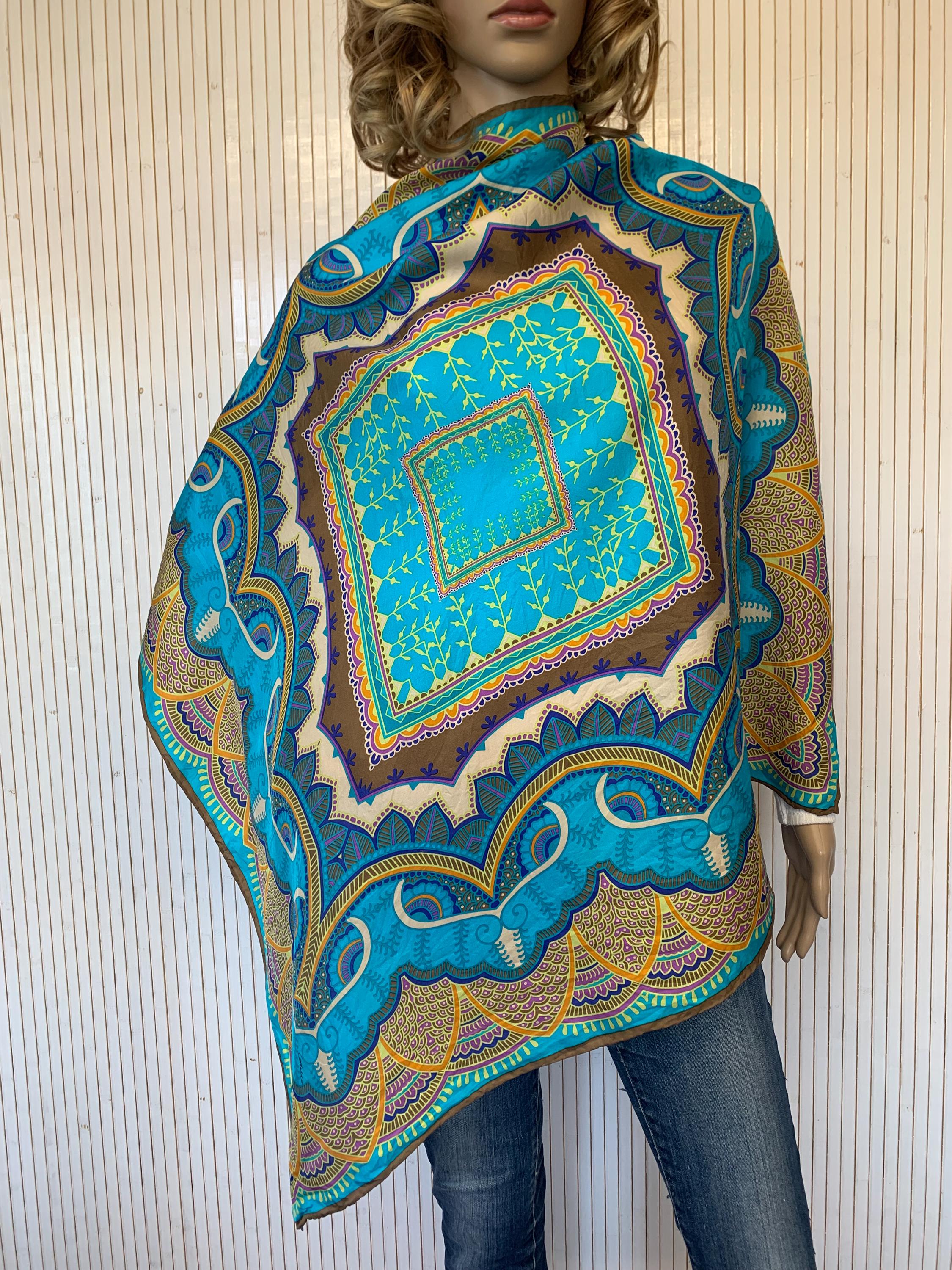 Foulard Carré En Soie Vintage Pinto - Motif Mandala Bleu Turquoise - Occasion Bon état - Cadeau Femme