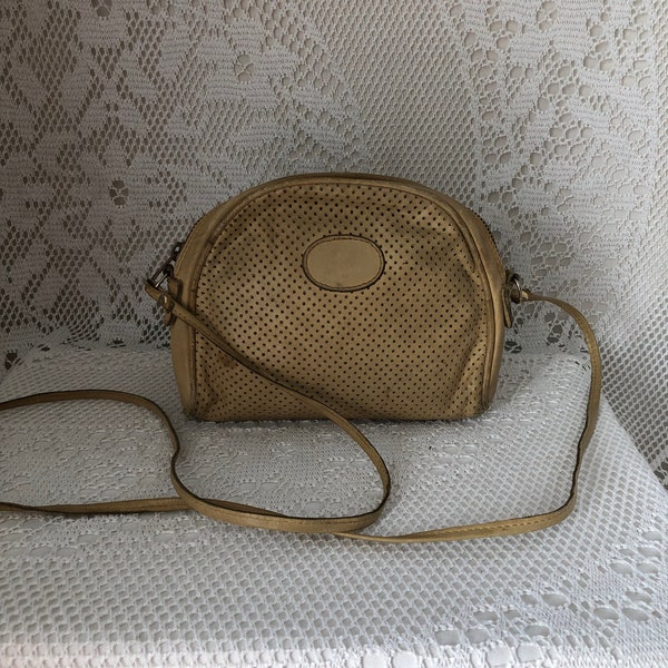 Small Vintage Leather Shoulder Bag Light Brown Beige Fine Strap Openwork Leather Minimalist Bag Women
