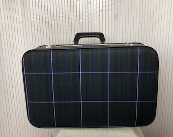 Valise Ancienne Tartan Bleu et vert Valise tissu écossais Cabine Vintage Petite valise de Voyage rétro à carreaux Valisette 56cm