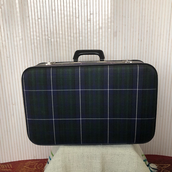 Valise Ancienne Tartan Bleu et vert Valise tissu écossais Cabine Vintage Petite valise de Voyage rétro à carreaux Valisette 56cm