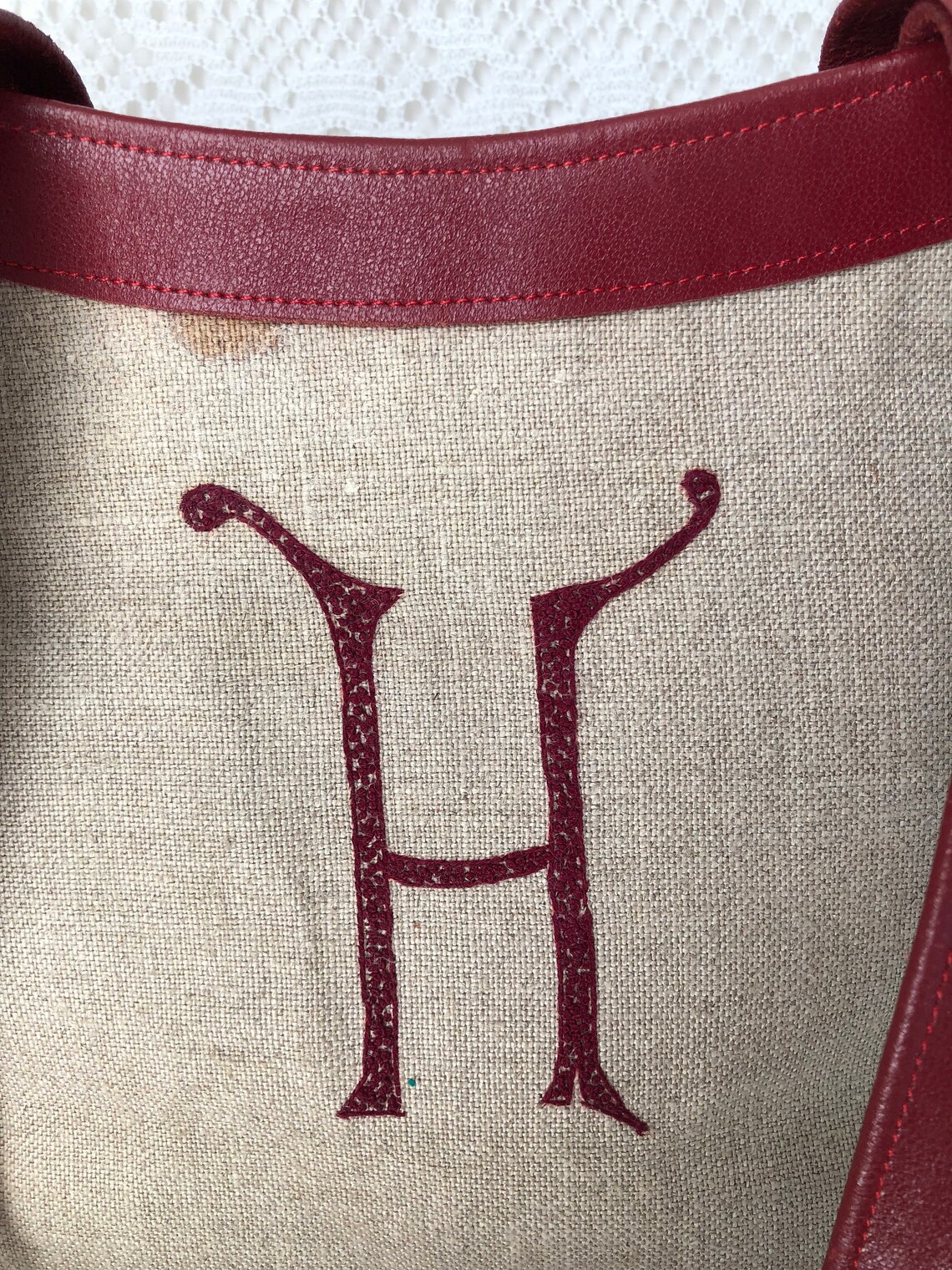 Sac à Main Vintage Femme en Toile Naturelle et Cuir rouge Lettre H Sac Cabas épaule, foto 3 di 5