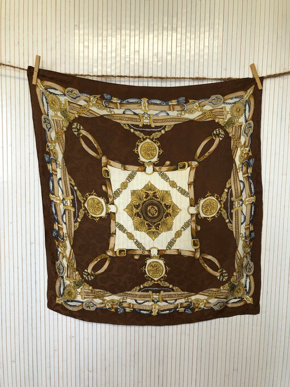 Foulard Carré En Soie Motif Cachemire - Beige Vintage - Bon état