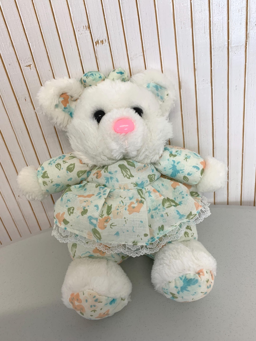 ぬいぐるみ vintage teddy bear in floral dress Vintage Floral Print Teddy Bear in a Floral Dress, Plush Toy