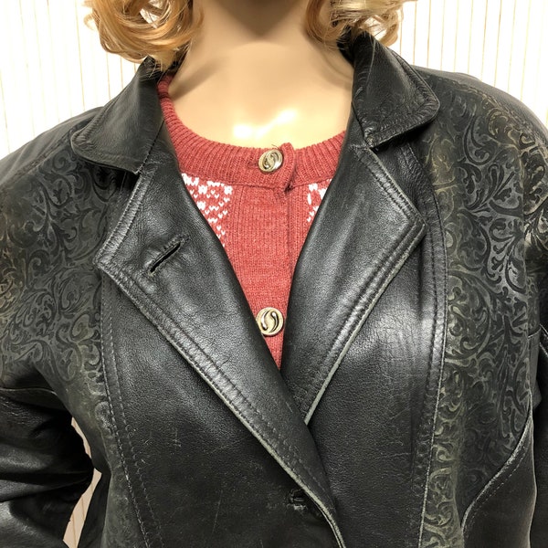 Veste en cuir noir Années 80 Imprimé Vintage Femme Veste en Cuir et Simili cuir Veste cuir patiné Veste Surdimensionnée