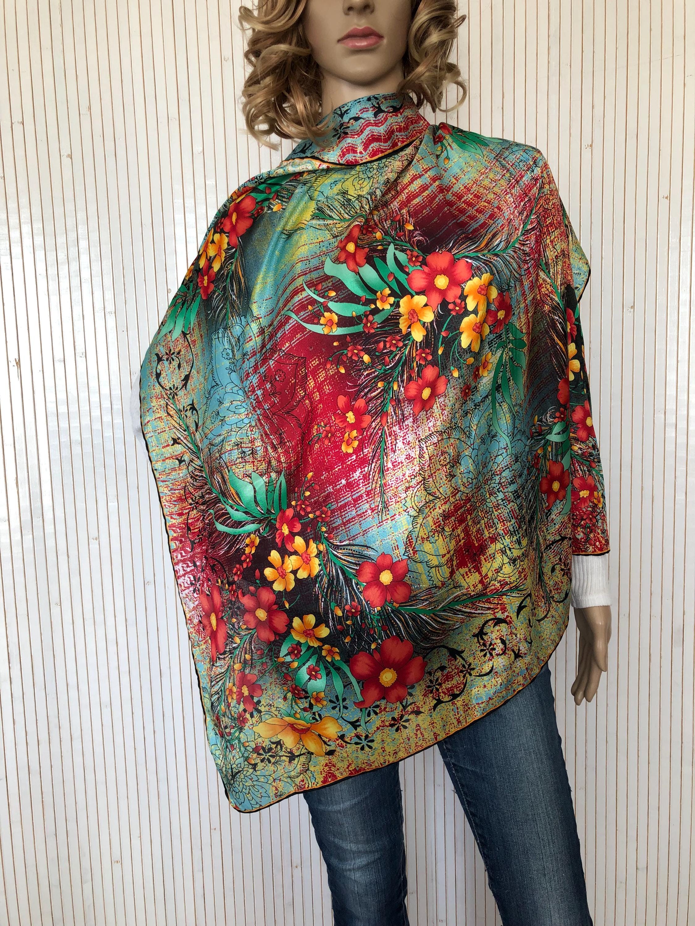 Silk Square Scarf 90 Vintage Loewe Multicolor Flowers Silk Square Scarf 90 Vintage Loewe Multicolor Flowers
