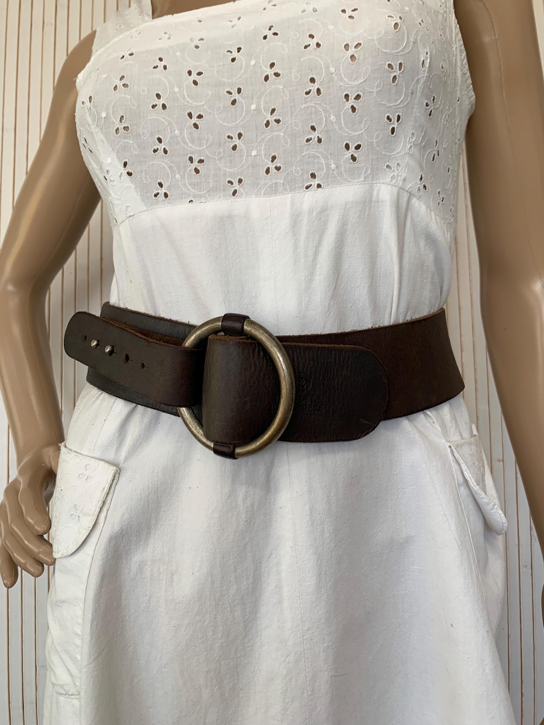 Wide Brown Leather Belt, Minimalist Vintage Style, Women's, Fred