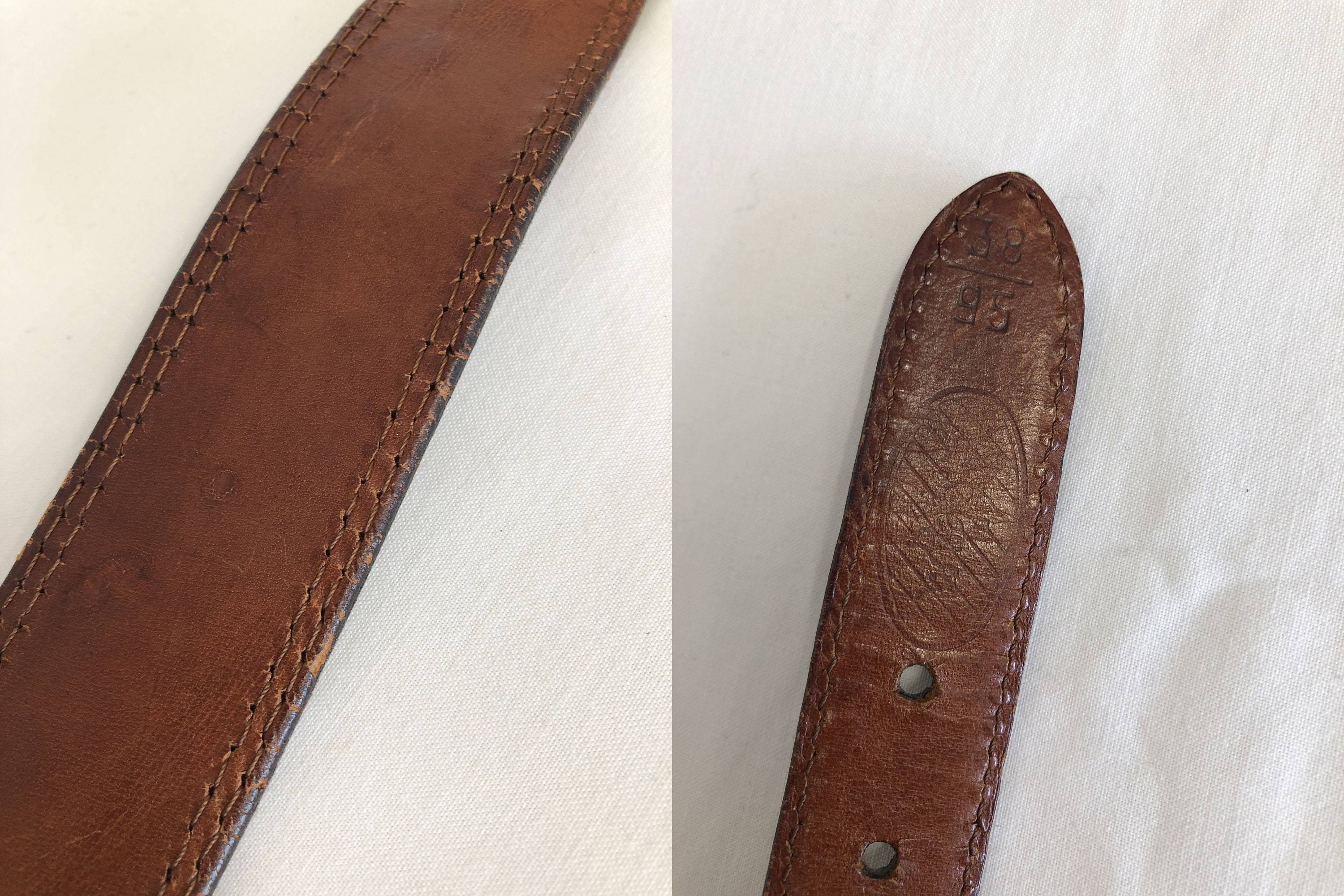 Vintage Brown Grey Leather Belt With Braided Rope 