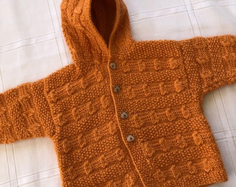 Veste en Laine tricotée à capuche Torsade Années 70 Bébé Vintage pull en laine orange 6/12mois Gilet à capuche