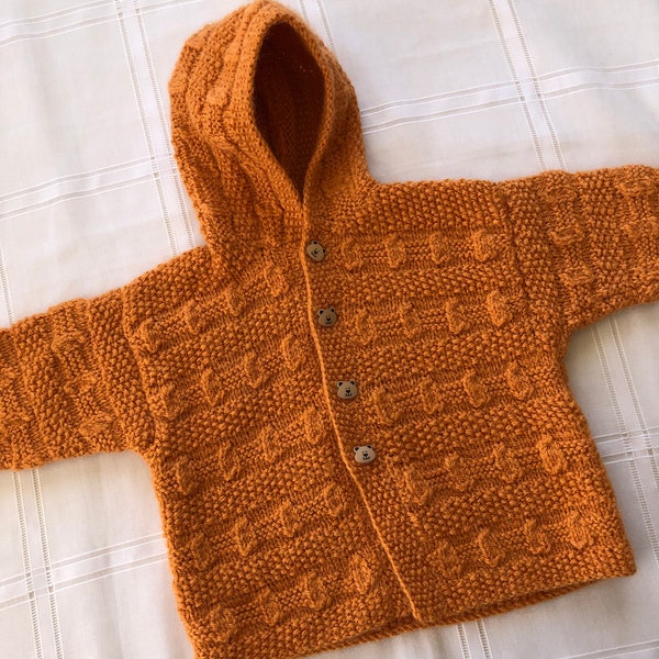 Veste en Laine tricotée à capuche Torsade Années 70 Bébé Vintage pull en laine orange 6/12mois Gilet à capuche