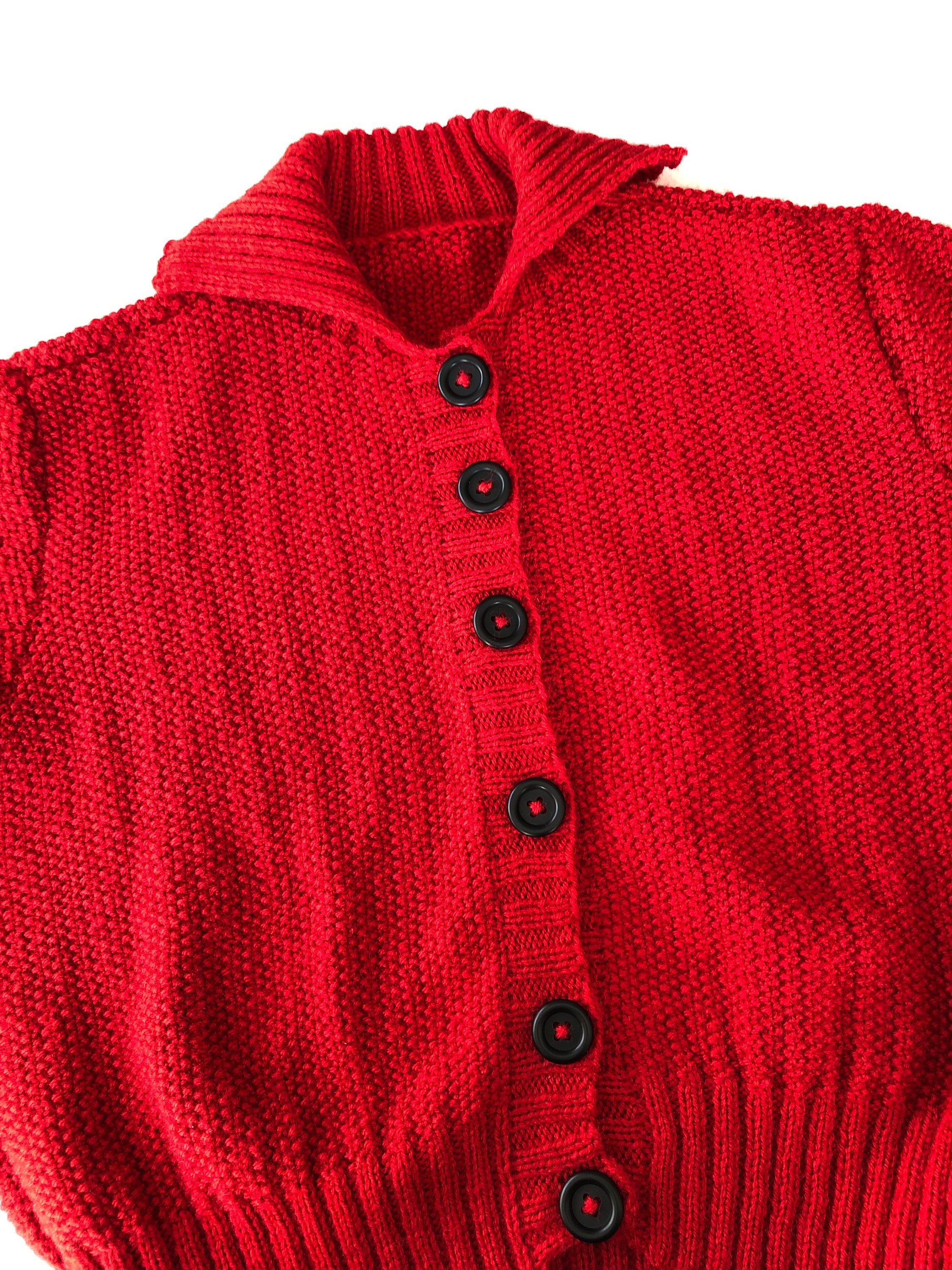 Gilet Cardigan Vintage Tricot Main En Laine Rouge - Taille M - Occasion Très Bon état