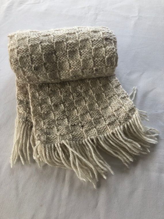 Beige hand knitted wool scarf Vintage Granny squa… - image 7