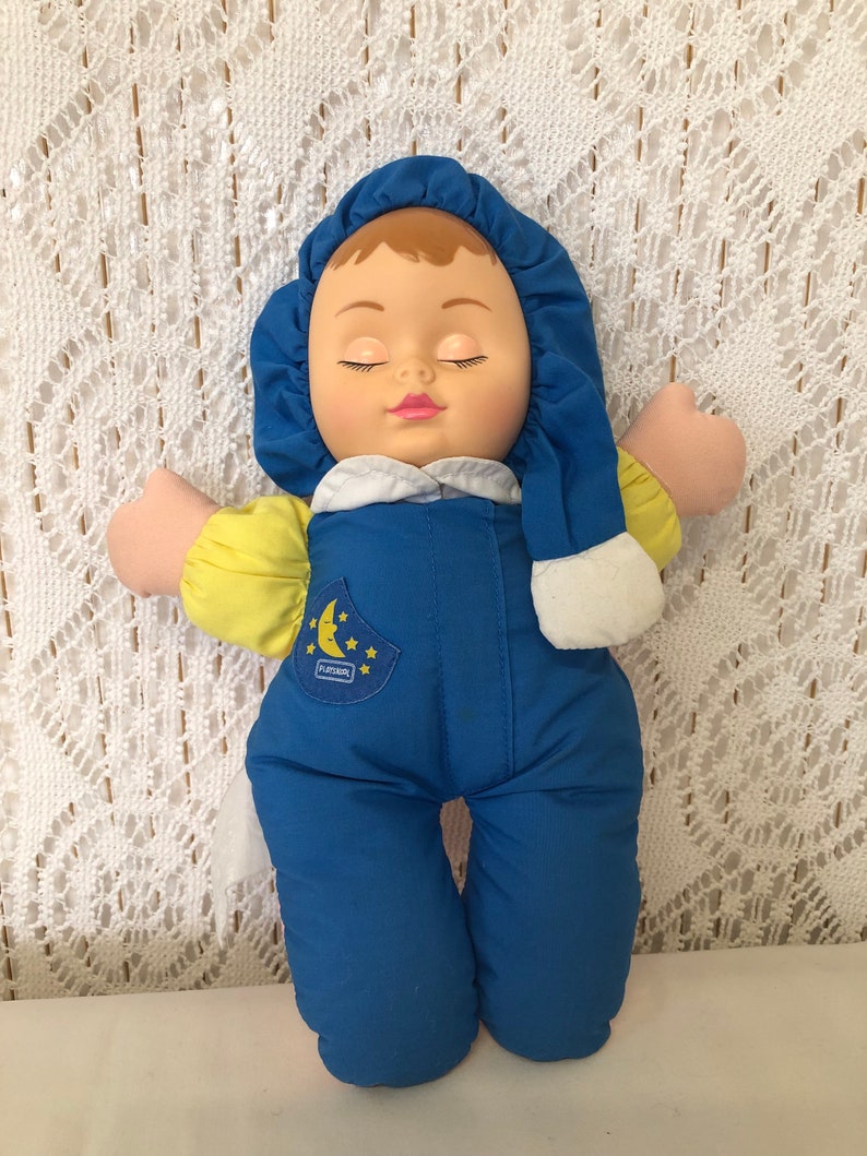 Poupée réversible Vintage Poupée chiffon Jour & Nuit Rose et Bleu 2 en 1 Peluche Doudou Ancien Playskool Jouet pour bébé Souvenir d'enfance zdjęcie 2