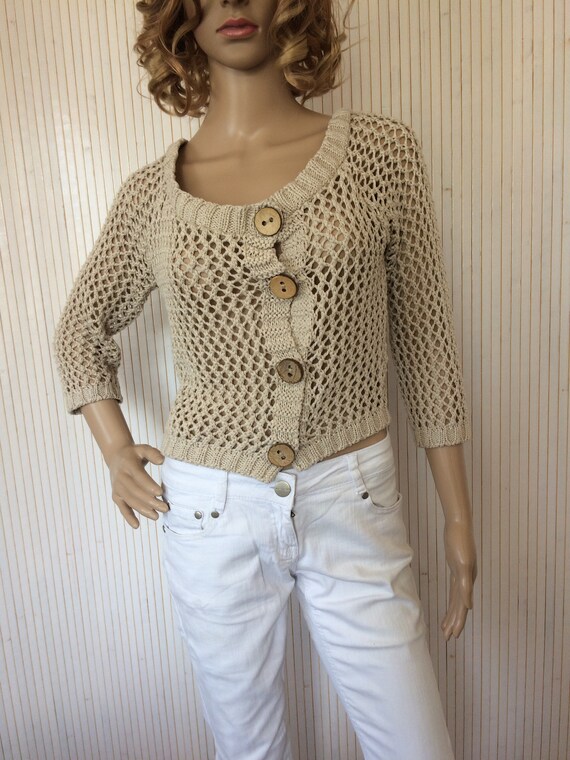 Dames vintage opengewerkte korte gebreide trui beige T40 Grof gebreide trui Etsy Nederland