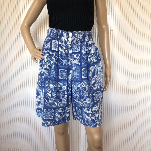 Summer Shorts Vintage Blue Culotte Skirt with Floral Pattern Cotton Shorts Alain Manoukian T38 High Waist Pleated Shorts