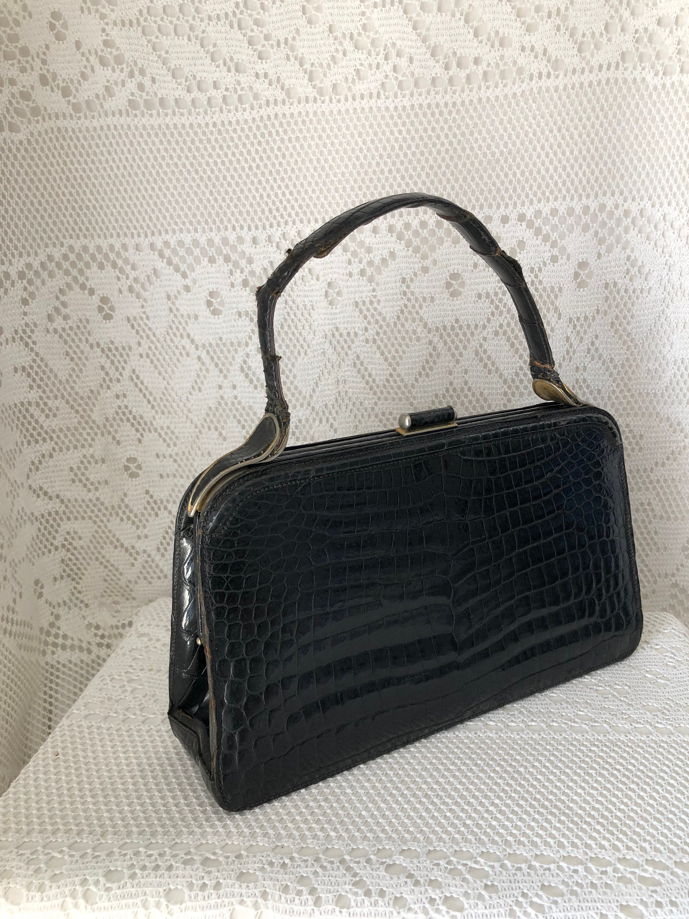 Sac à Main Vintage Années 60 – Noir – Grand Format – Faux Cuir