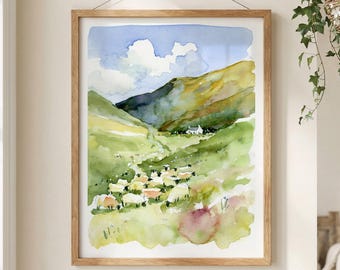 Scottish Highlands Watercolor Print: Scotland Landscape Wall Art