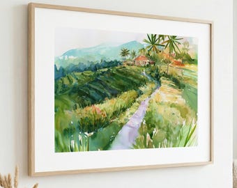 Bali Rice Paddy Watercolor Print: Tropical Landscape Wall Art